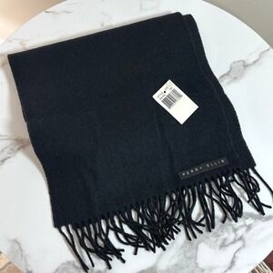Perry Ellis VTG Luxury Black Wool Scarf Made in Germany Fringe Classic Minimal